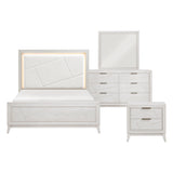 White bedroom furniture set with bed, dresser, and nightstand on a white background