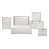 White bedroom furniture set with bed, dresser, and mirror on a white background
