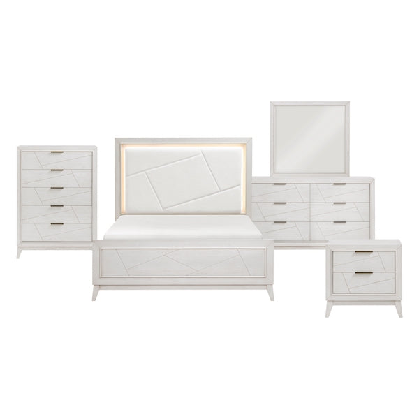 White bedroom furniture set with bed, dresser, and mirror on a white background