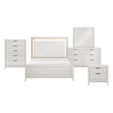 White bedroom furniture set with bed, dresser, and mirror on a white background