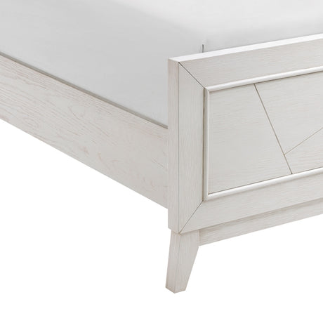 White wooden bed frame with geometric design on a white background