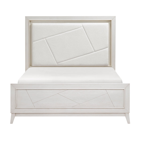 White bed with geometric design on a white background