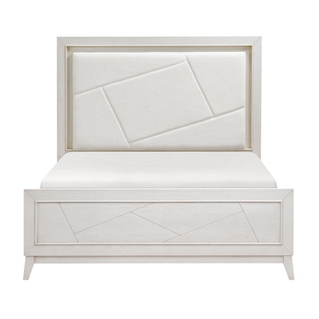 White bed with geometric design on a white background