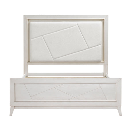 White bed with geometric design on a white background