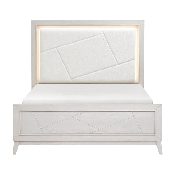 White upholstered bed with geometric design on a white background