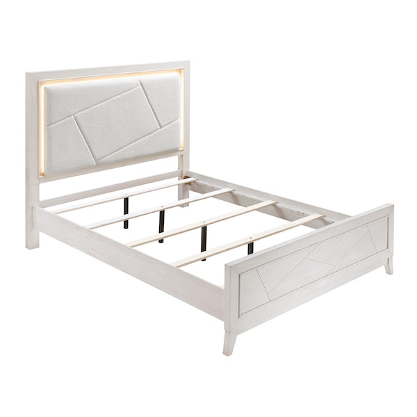 White bed frame with upholstered headboard on a white background