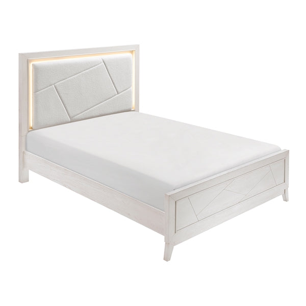 White bed with upholstered headboard on a white background