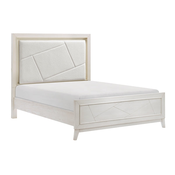White upholstered bed with geometric headboard design on a white background