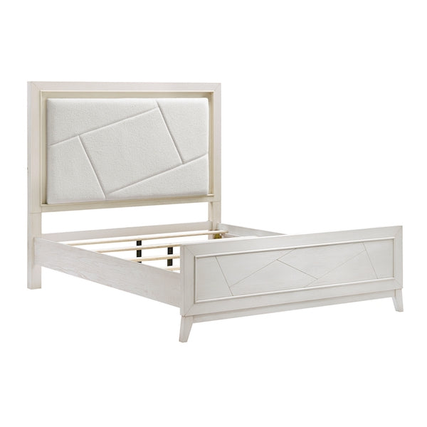 White bed frame with geometric design on a white background