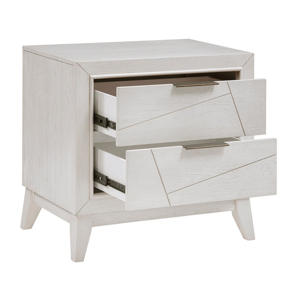 White nightstand with open drawers on a white background