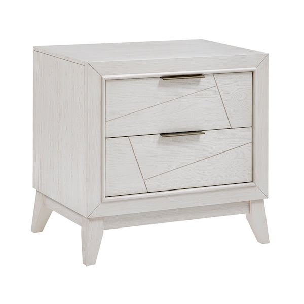 White nightstand with two drawers on a white background