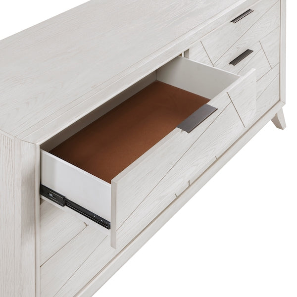 White wooden dresser with an open drawer showing a brown interior.