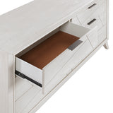 White wooden dresser with an open drawer showing a brown interior.
