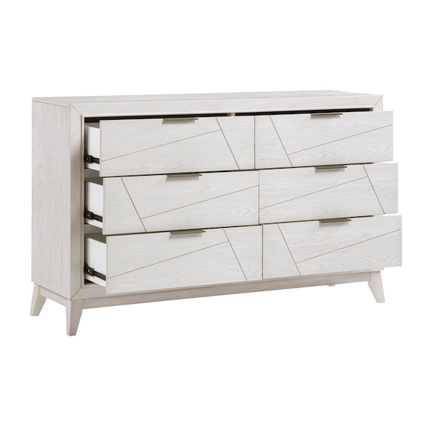 White dresser with geometric design on a white background