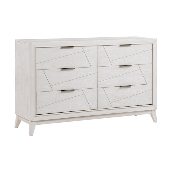 White dresser with geometric design on a white background