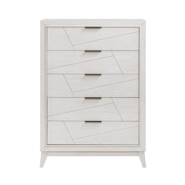White dresser with geometric pattern on a white background