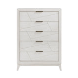 White dresser with geometric pattern on a white background