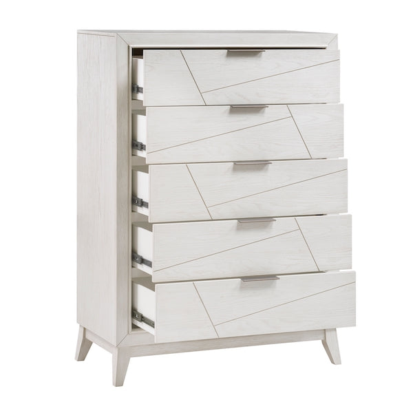 White dresser with geometric design on a white background