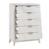 White dresser with geometric design on a white background
