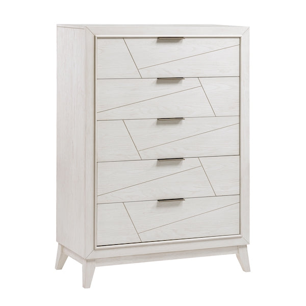 White dresser with geometric design on a white background