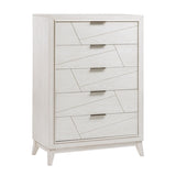 White dresser with geometric design on a white background