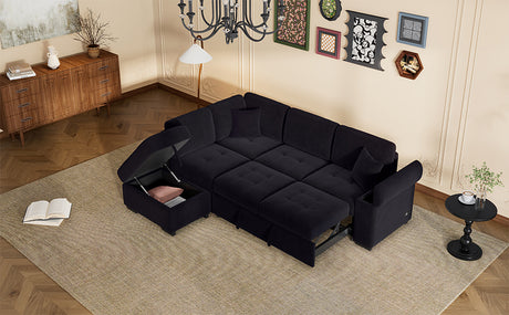 Sleeper Sectional Sofa, L-Shape Corner Couch Sofa-Bed with Storage Ottoman & Hidden Arm Storage & USB Charge  for Living Room Apartment, Black - sold by Home Elegance USA