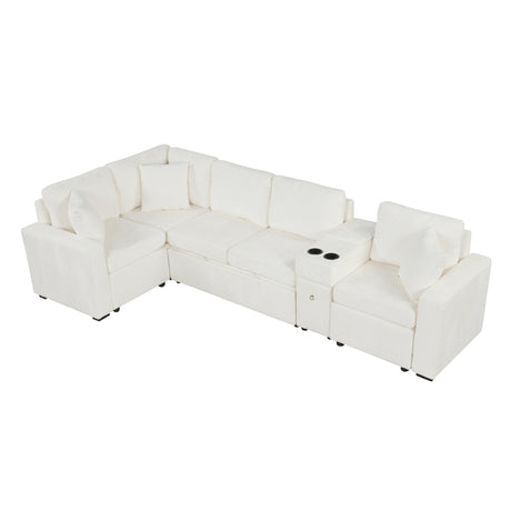 120.5' L-shaped Convertible Sofa Bed Modular Sectional Sofa Reversible Sleeper with Pull-Out Bed, Cup Holders, and Ample Storage Space for Living Room(Old SKU:N719S001940K), White - sold by Home Elegance USA