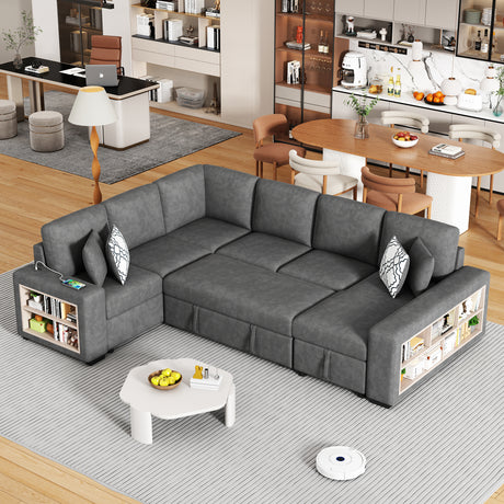 Modern Grey U-Shaped Sectional Sofa Bed with USB Ports, Storage Chaise & Pillows, Chenille Fabric, 109' - sold by Home Elegance USA