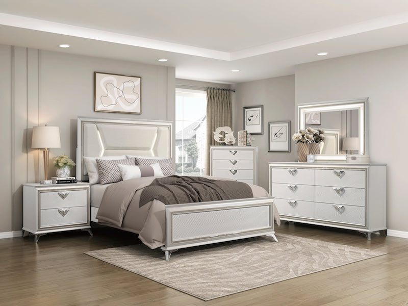 White and gold modern bedroom set with LED upholstered headboard, acrylic and metal legs, dresser, mirror, chest, and nightstand.
