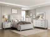 White and gold modern bedroom set with LED upholstered headboard, acrylic and metal legs, dresser, mirror, chest, and nightstand.