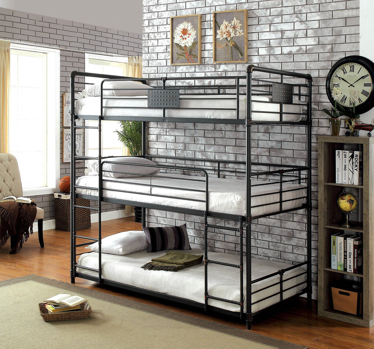 Twin Over Twin Over Twin Bunk Bed Industrial Style Metal Structure Attached Dual Ladder Upper Guard Rails Pipe Framework Antique Black Finish - sold by Home Elegance USA