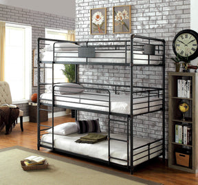 Twin Over Twin Over Twin Bunk Bed Industrial Style Metal Structure Attached Dual Ladder Upper Guard Rails Pipe Framework Antique Black Finish - sold by Home Elegance USA