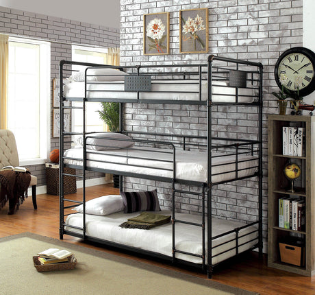 Twin Over Twin Over Twin Bunk Bed Industrial Style Metal Structure Attached Dual Ladder Upper Guard Rails Pipe Framework Antique Black Finish - sold by Home Elegance USA
