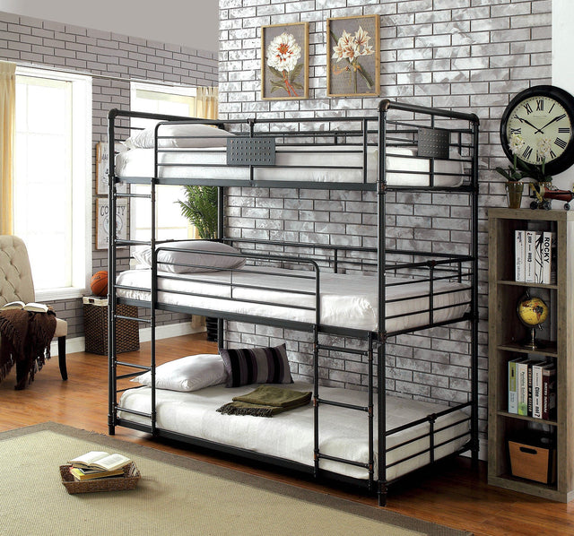 Twin Over Twin Over Twin Bunk Bed Industrial Style Metal Structure Attached Dual Ladder Upper Guard Rails Pipe Framework Antique Black Finish - sold by Home Elegance USA