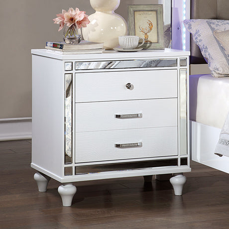White Color 1pc Nightstand Beautiful Crocodile-Textured Bedside Table Mirror Trim Felt-lined Top Drawers Bedroom Furniture