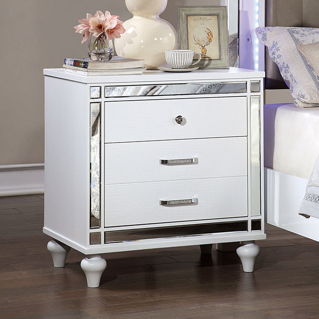 White Color 1pc Nightstand Beautiful Crocodile-Textured Bedside Table Mirror Trim Felt-lined Top Drawers Bedroom Furniture