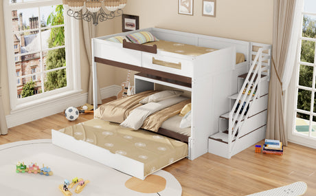 Full Over Full Bunk Bed with Twin Size Trundle and Staircase, Shelves, LED,White - sold by Home Elegance USA