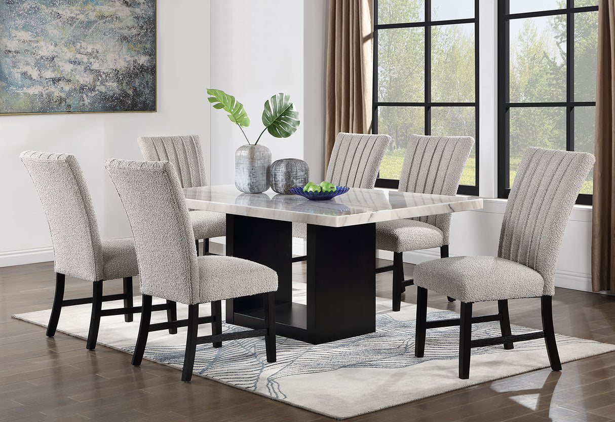 Beautiful Genuine Marble Top Dining Table 6x Side Chairs Gray Boucle Fabric Upholstered Chair Dining Room 7pc Set Wooden Furniture