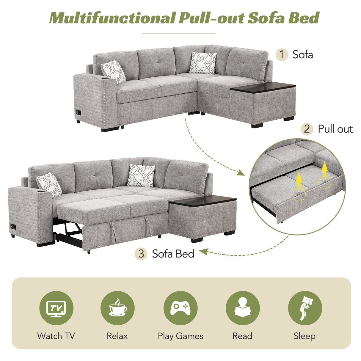 83.8" Reversible Sectional Pull - Out Sofa Bed L - Shaped Corner Sofa Couch with Storage Chaise, USB Ports, Power Sockets, Cup Holder for Living Room, Bedroom, Study,Light Gray | Home Elegance USA