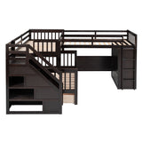 Twin-Twin over Full L-Shaped Bunk Bed With 3 Drawers, Portable Desk and Wardrobe, Espresso - Home Elegance USA