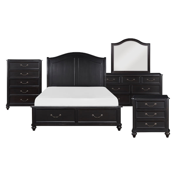 Black bedroom furniture set with bed, dresser, and mirror on a white background