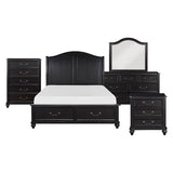 Black bedroom furniture set with bed, dresser, and mirror on a white background