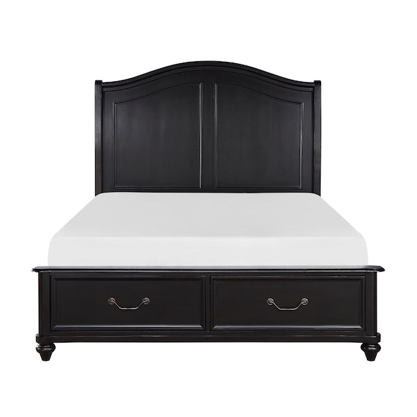 Black wooden bed with white mattress on a white background