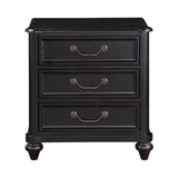 Black three-drawer nightstand with brass handles on a white background