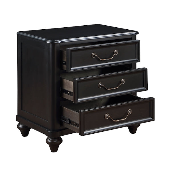 Black three-drawer nightstand with brass handles on a white background