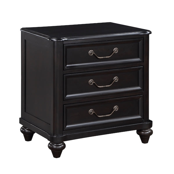 Black three-drawer nightstand with brass handles on a white background