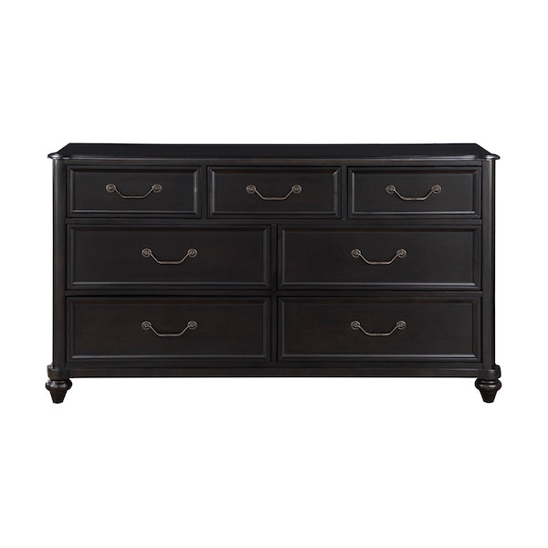 Black dresser with six drawers on a white background