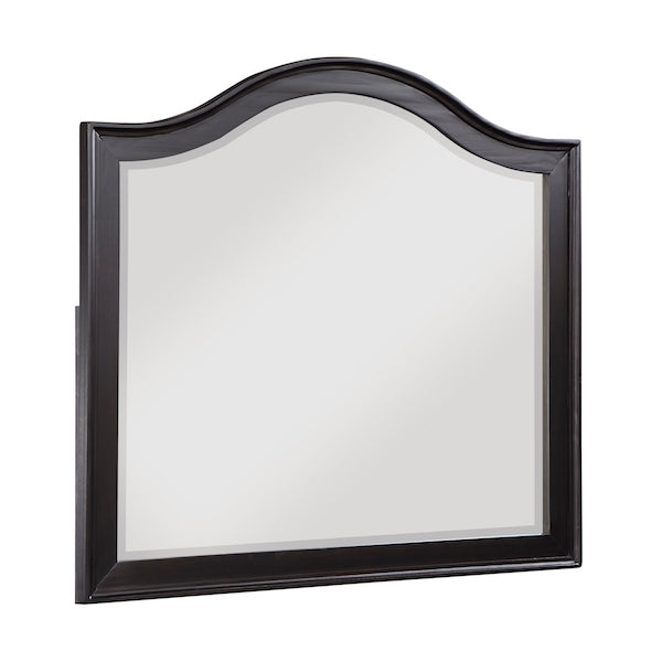 Black-framed mirror on a white background