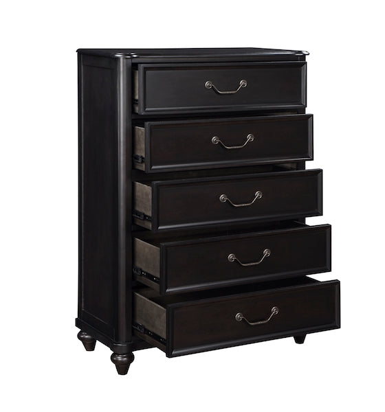 Black dresser with multiple drawers on a white background