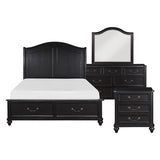 Black bedroom furniture set with bed, dresser, and mirror on a white background